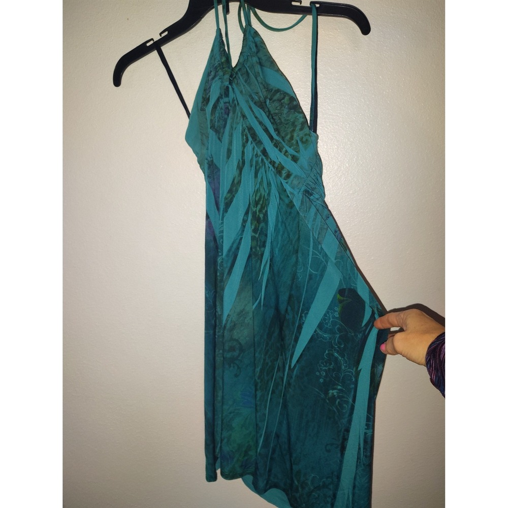 Jodi Kristopher Teal Tropical Palm Print Halter Mini Dress Womens‎ Large